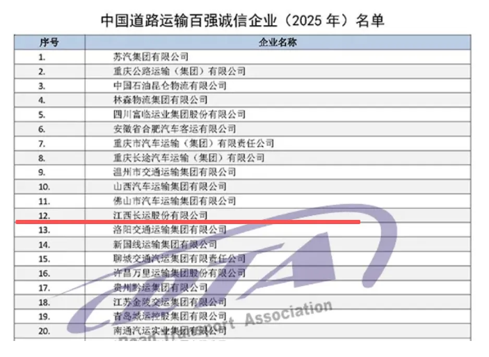 中國道路運輸百強誠信企業（2025年）名單發布 江西長運排名第12位